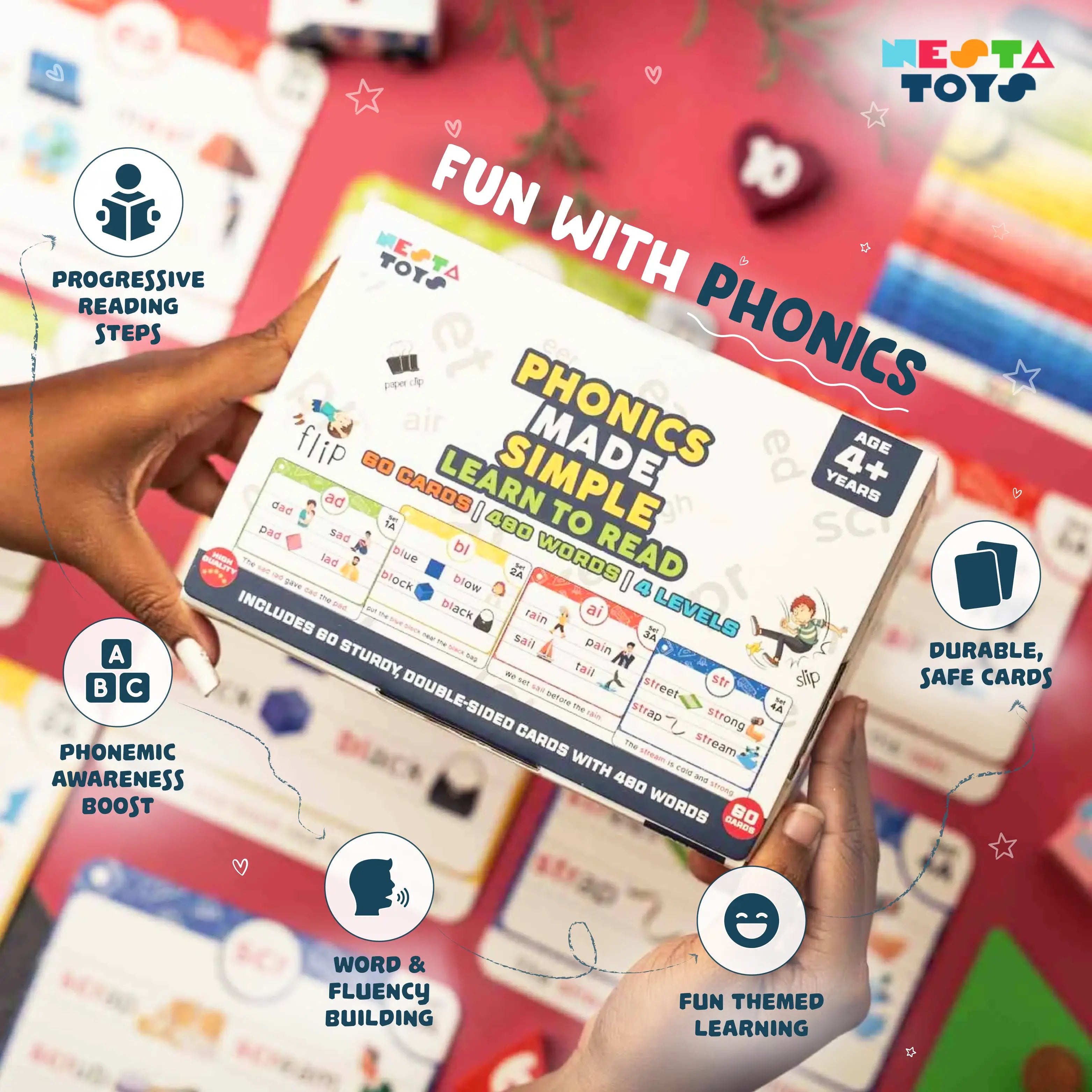 NESTA TOYS - Large Phonics Flash Cards | Learn to Read, 480+ Words - Digraphs, CVC Blends, Long Vowel Sounds