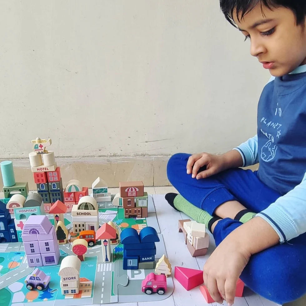 NESTA TOYS - 115 Pieces Wooden City Building Blocks | Stacking Educational Toys
