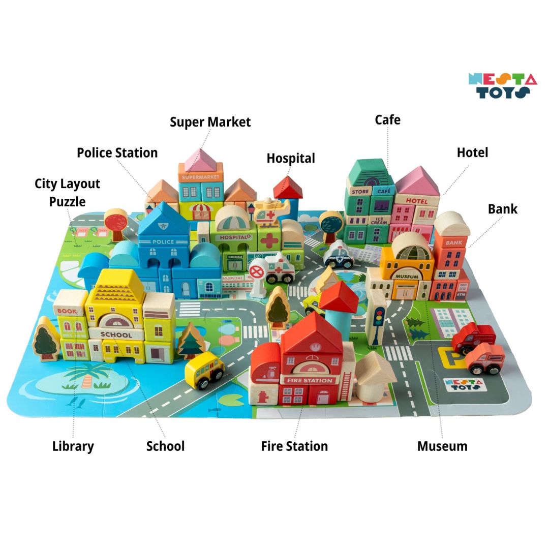 Wooden city building blocks toy set with 115 colorful eco-friendly pieces including buildings, vehicles, trees, and road signals for kids creative play