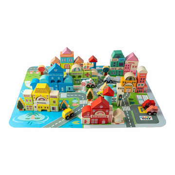 Wooden city building blocks toy set with 115 colorful eco-friendly pieces including buildings, vehicles, trees, and road signals for kids creative play