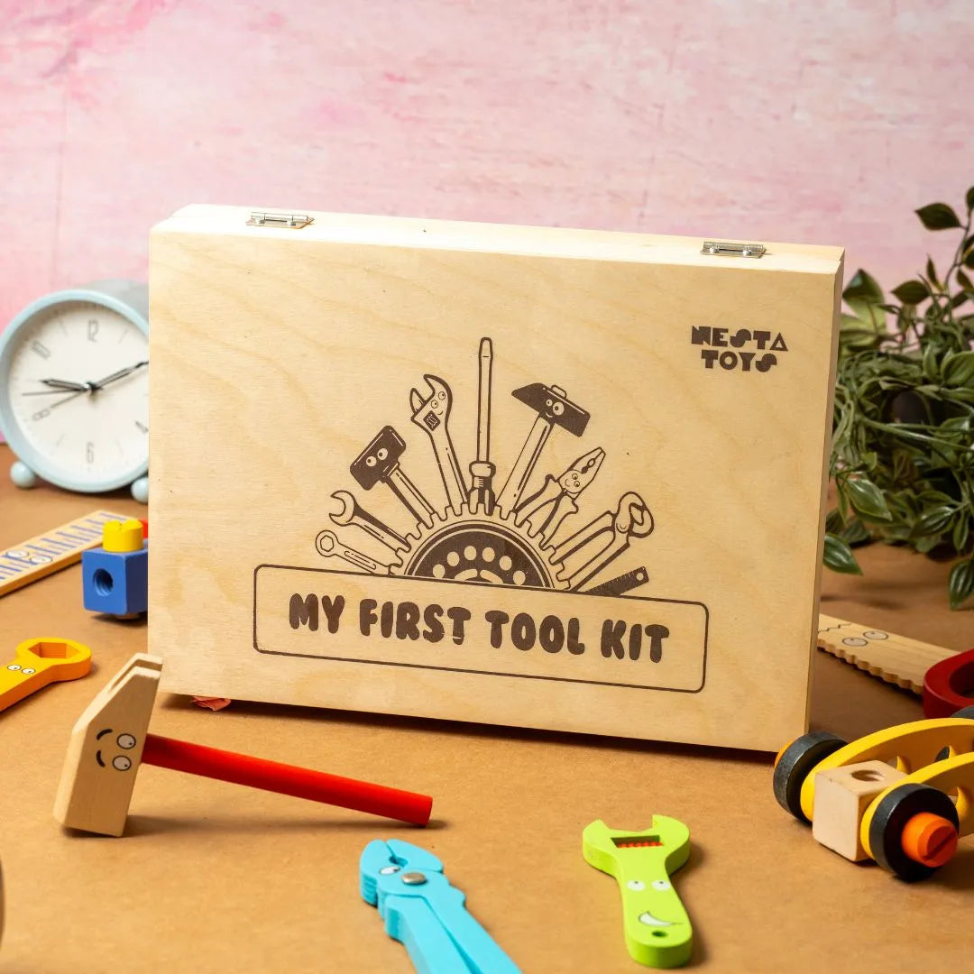 Packaging of the Wooden Tool Kit Toy, 40 pieces, showing sturdy wooden toolbox with colorful, child-safe tools inside