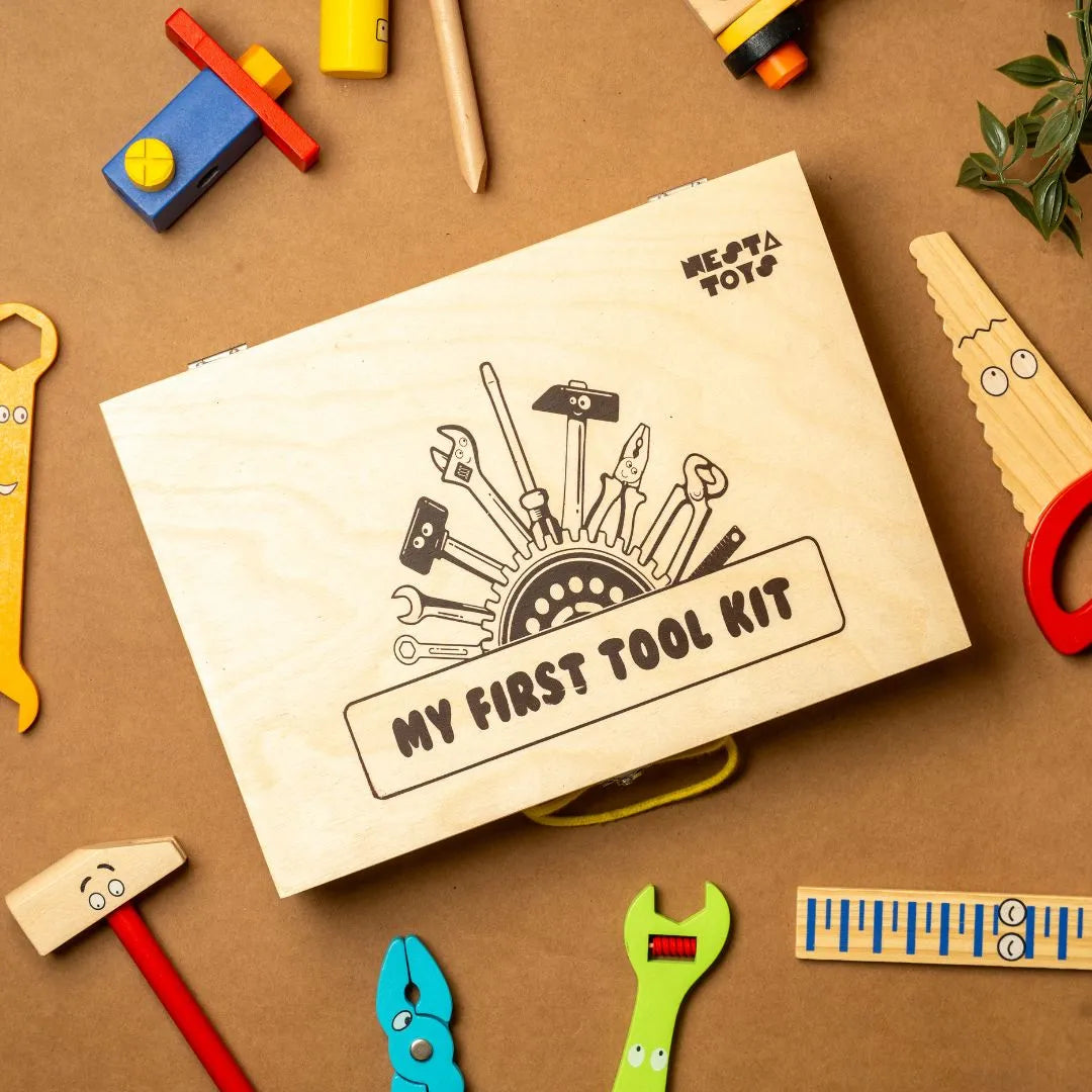 Packaging of the Wooden Tool Kit Toy, 40 pieces, showing colorful and sturdy wooden toolbox with tools inside