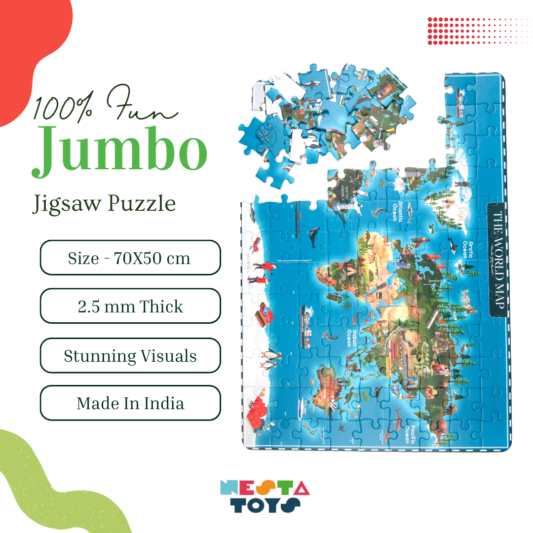 NESTA TOYS World Map Jigsaw Puzzle with 108 jumbo pieces for kids aged 6 to 14, promotes problem-solving and concentration
